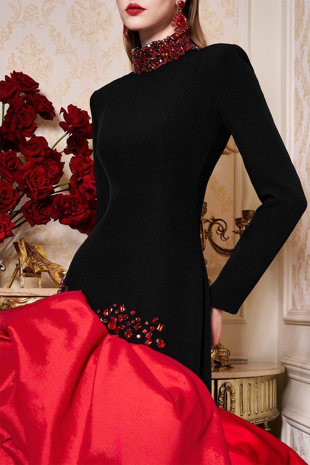 Ariya Asymmetric High Neck Scuba Extra Long Length Dress - MEAN BLVD