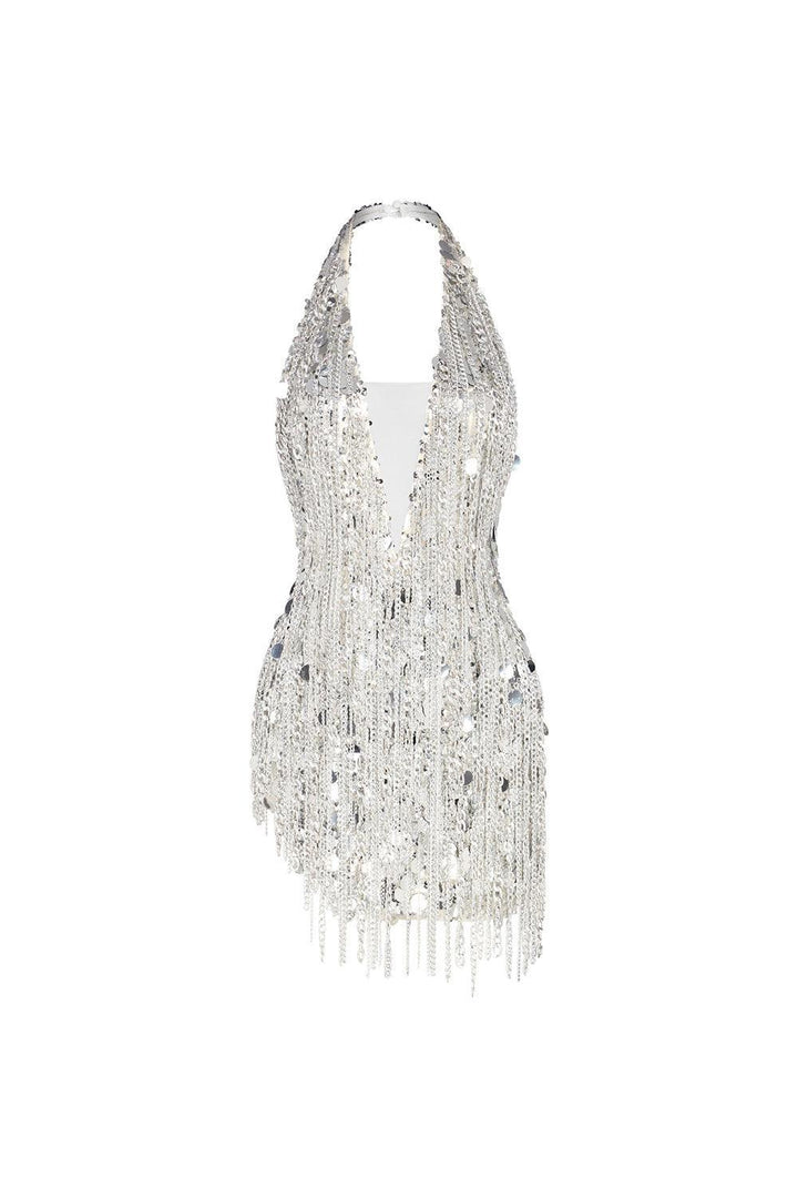 Arlette Halter Sleeveless Mesh Sequin Mini Dress - MEAN BLVD