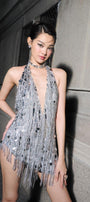 Arlette Halter Sleeveless Mesh Sequin Mini Dress - MEAN BLVD