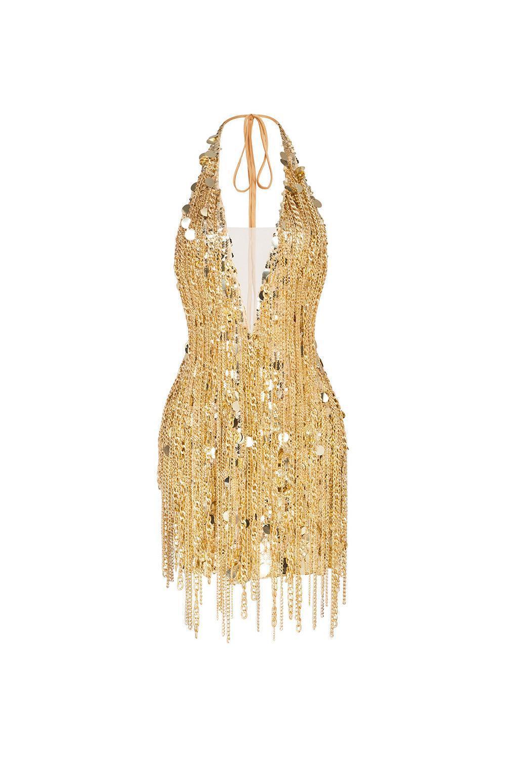 Women's Arlette Halter Sleeveless Mesh Sequin Mini Dress XXS/XS/S/M/L Silver/Gold MEAN BLVD Gold / L Women's Arlette Halter Sleeveless Mesh Sequin Mini Dress XXS/XS/S/M/L Silver/Gold MEAN BLVD Gold / L