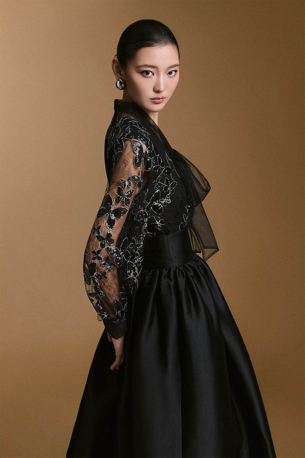 mesh top under formal dress Xscape Petite Beaded Mesh Long Dress - Mocha