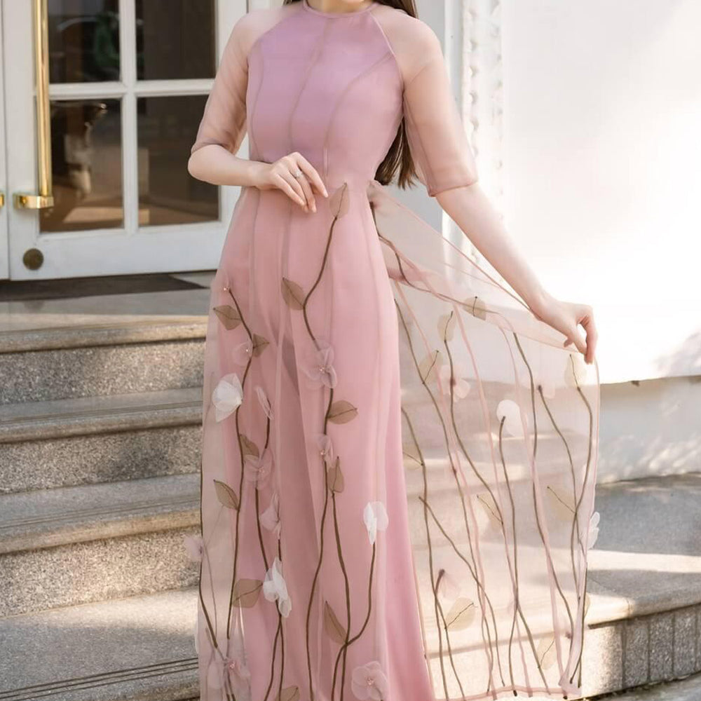 Arya Fitted Middle Sleeved Organza Long Length Ao Dai