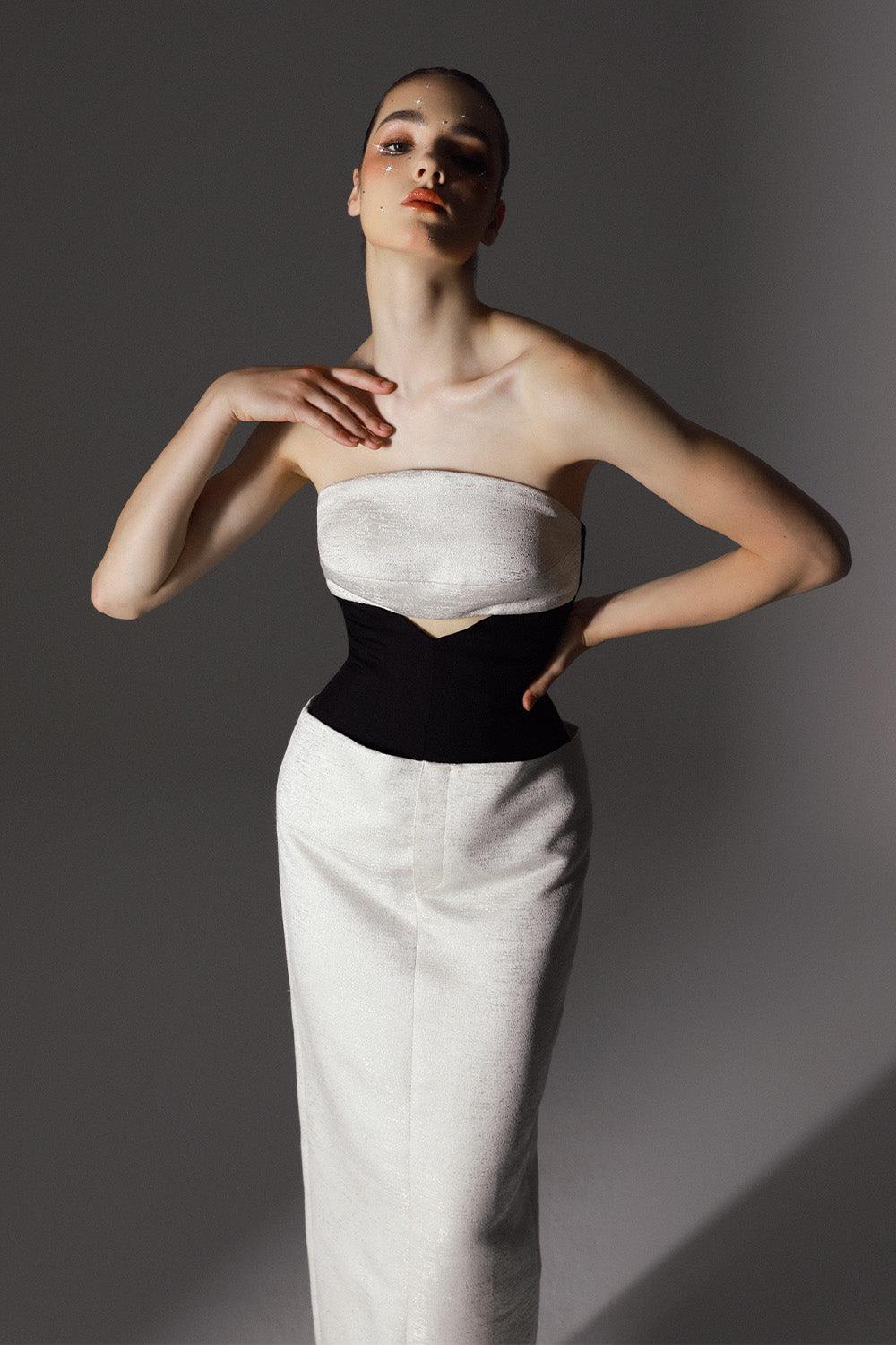 Women's Ascot Strapless Cut-Out Brocade Ankle Length Dress  0/1/2/3/Customize Black and White MEAN BLVD