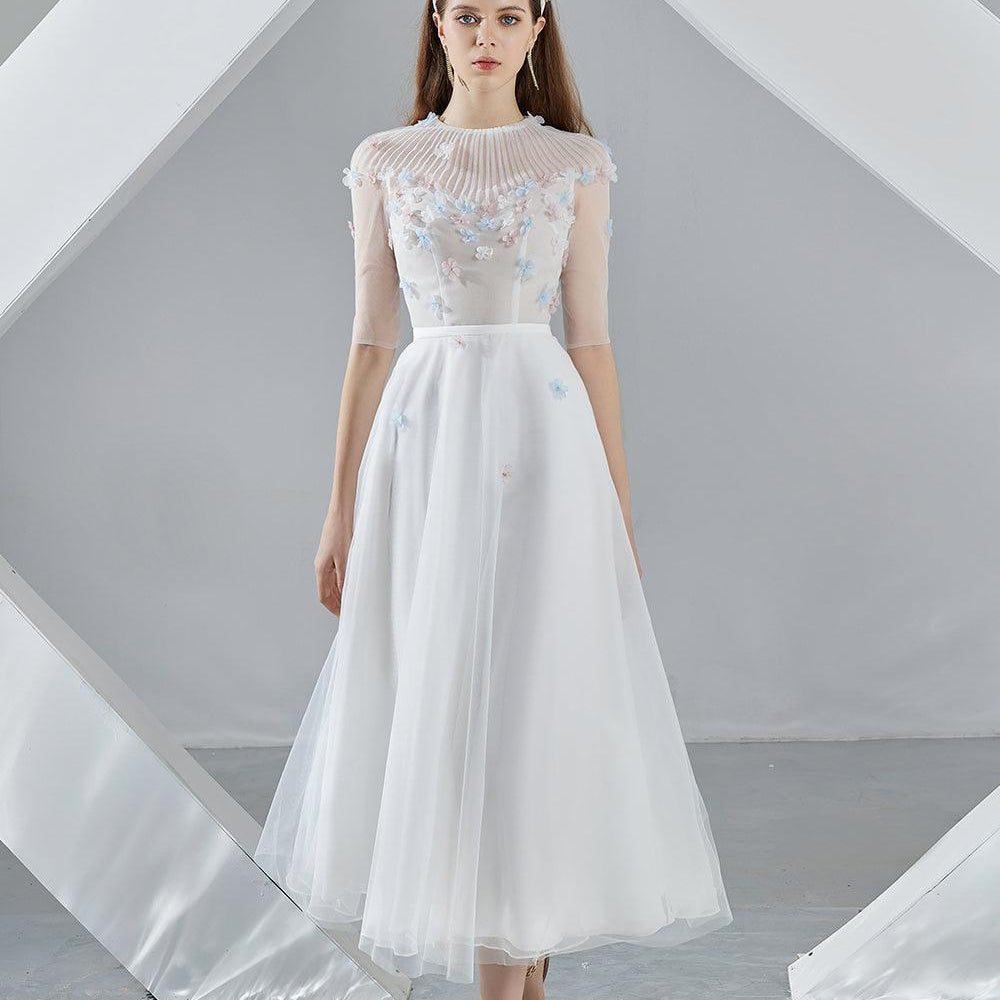 Ashlyn A-line Round Neck Organza Midi Dress - MEAN BLVD