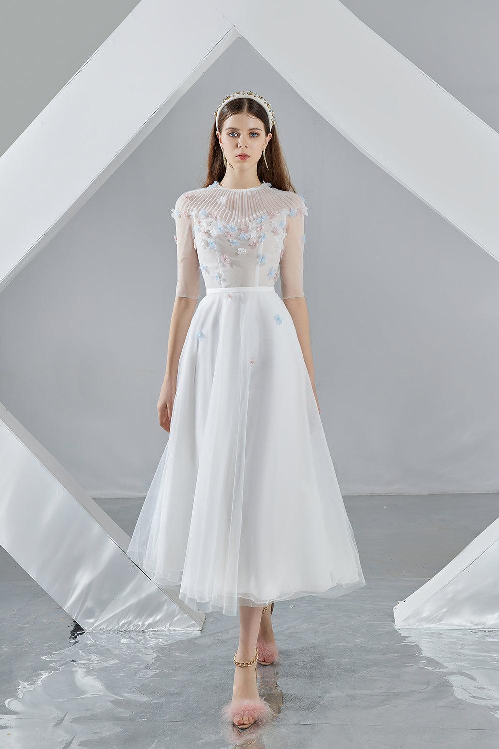 Women's Ashlyn A-line Round Neck Organza Midi Dress S/M/L/XL White MEAN BLVD