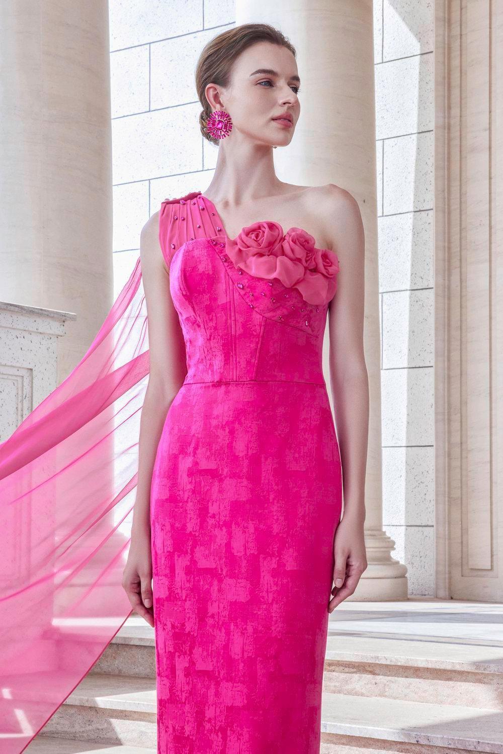 Aspira Pegged One Shoulder Brocade Floor Length Dress - MEAN BLVD