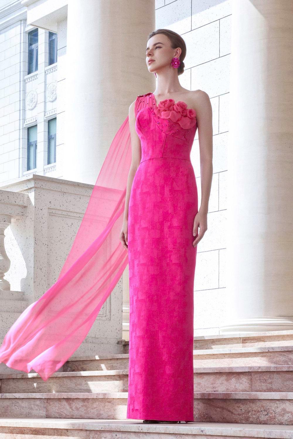Aspira Pegged One Shoulder Brocade Floor Length Dress - MEAN BLVD