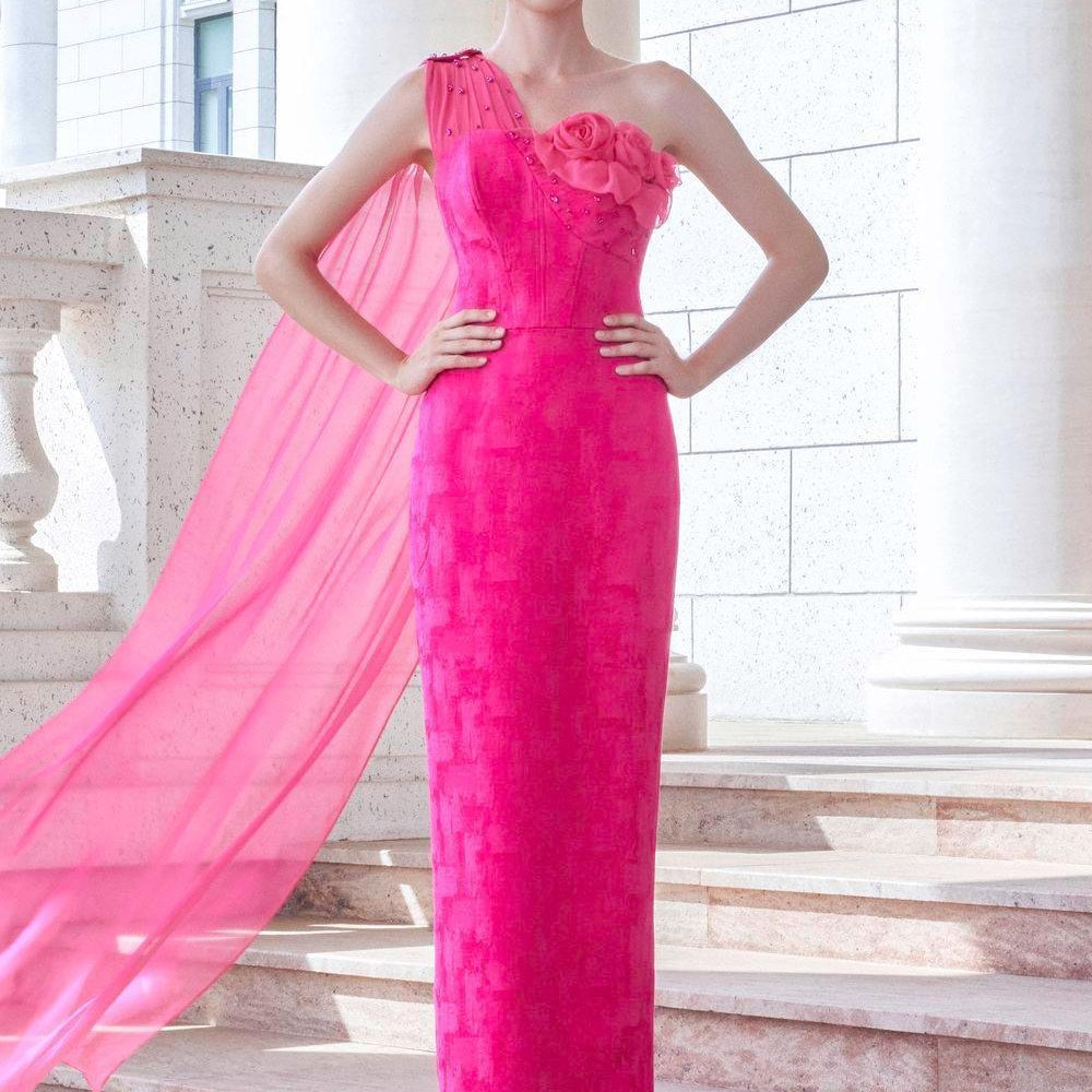 Aspira Pegged One Shoulder Brocade Floor Length Dress - MEAN BLVD