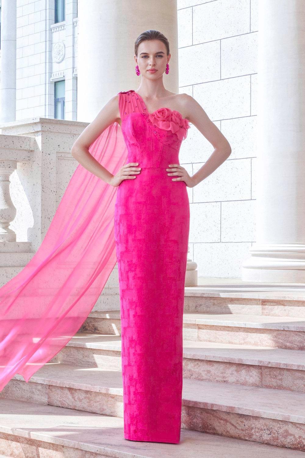 Aspira Pegged One Shoulder Brocade Floor Length Dress - MEAN BLVD