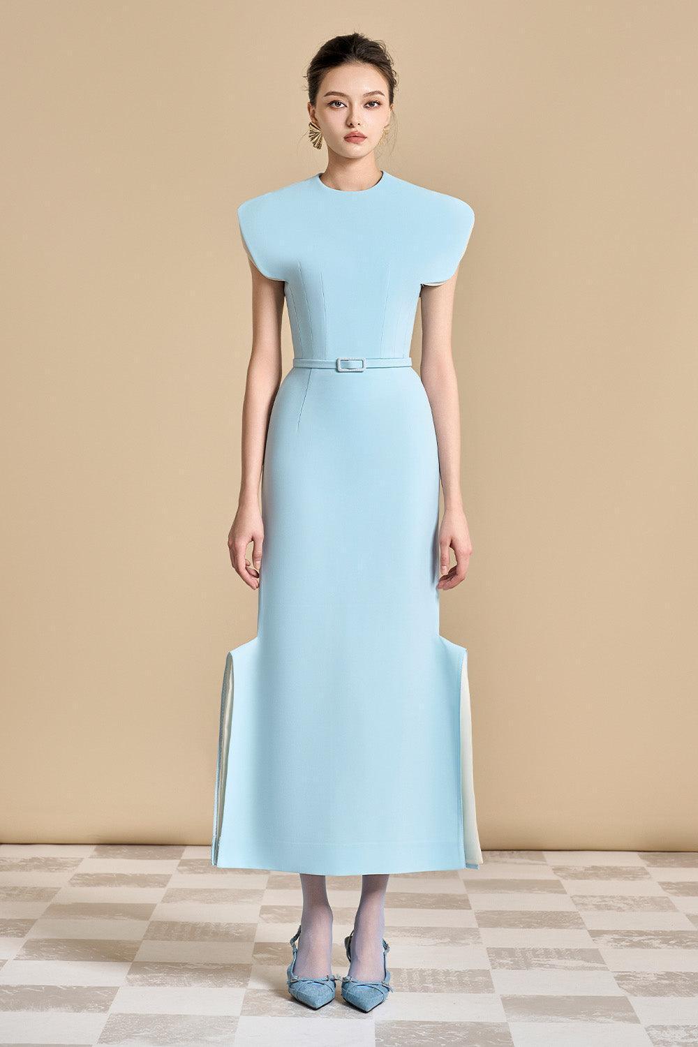 Aster Sheath Cap Sleeved Polyester Ankle Length Dress Light Blue / M
