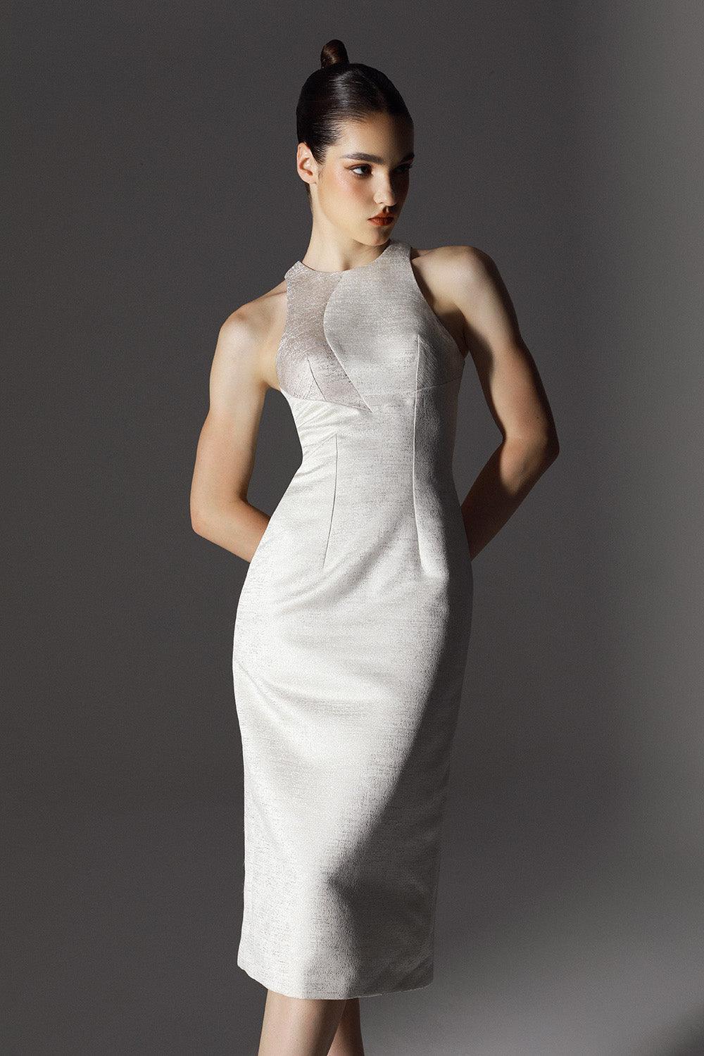 jewel midi dress Women's Astral Sheath Jewel Neck Brocade Midi Dress 0/1/2/Customize White MEAN BLVD, White / 0