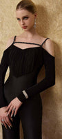 Astral Straight Cold Shoulder Sleeved Spandex Taffeta Floor Length Jumpsuit - MEAN BLVD