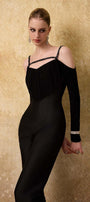 Astral Straight Cold Shoulder Sleeved Spandex Taffeta Floor Length Jumpsuit - MEAN BLVD