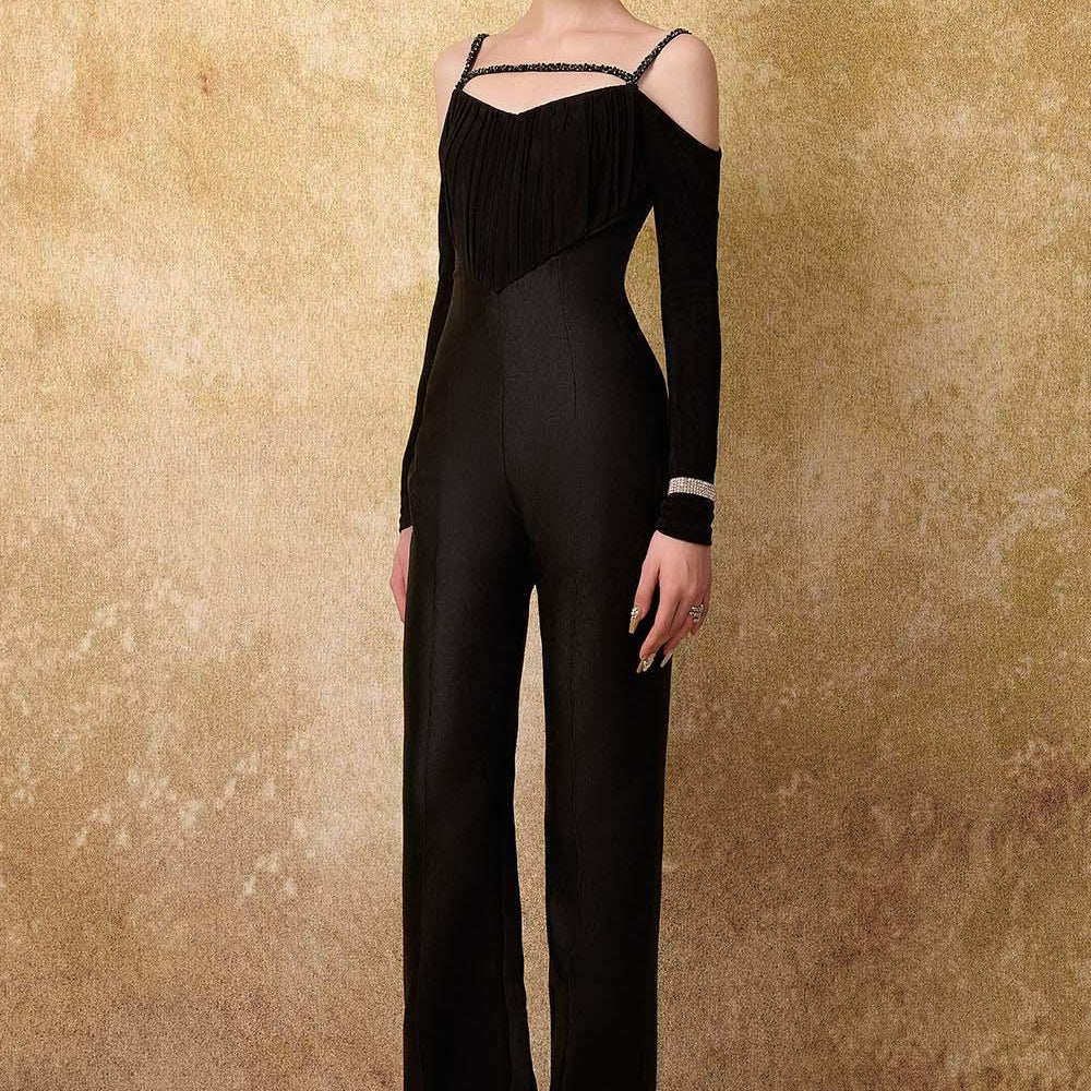Astral Straight Cold Shoulder Sleeved Spandex Taffeta Floor Length Jumpsuit - MEAN BLVD