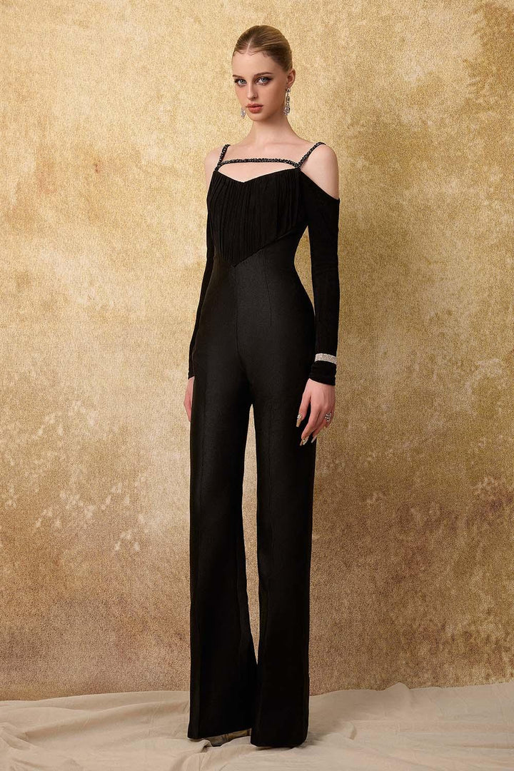 Astral Straight Cold Shoulder Sleeved Spandex Taffeta Floor Length Jumpsuit - MEAN BLVD