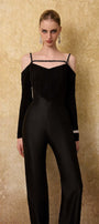 Astral Straight Cold Shoulder Sleeved Spandex Taffeta Floor Length Jumpsuit - MEAN BLVD