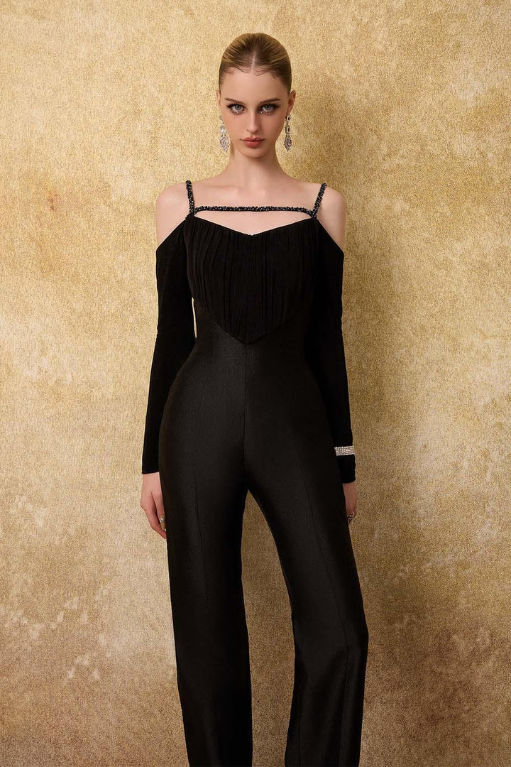 Astral Straight Cold Shoulder Sleeved Spandex Taffeta Floor Length Jumpsuit - MEAN BLVD