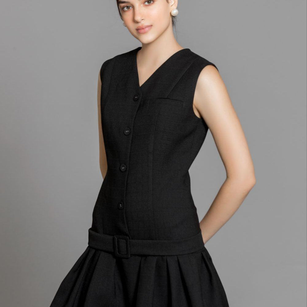 Aubrie Drop Waist V-Neck Polycotton Mini Dress - MEAN BLVD