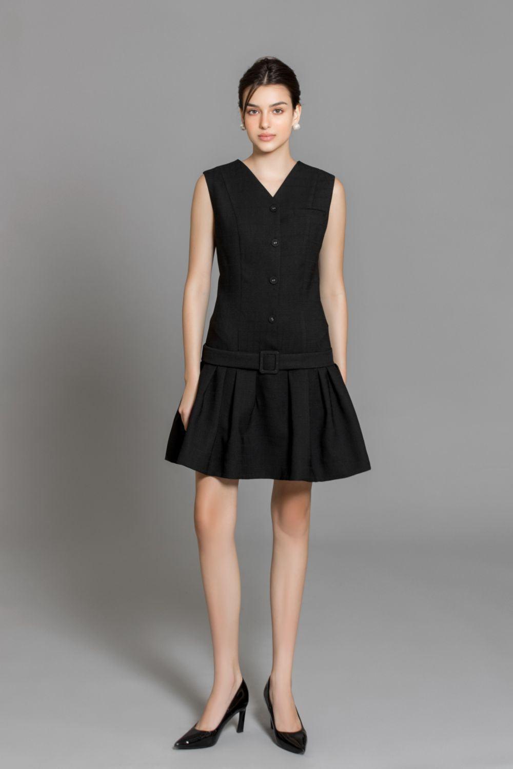 Aubrie Drop Waist V-Neck Polycotton Mini Dress - MEAN BLVD