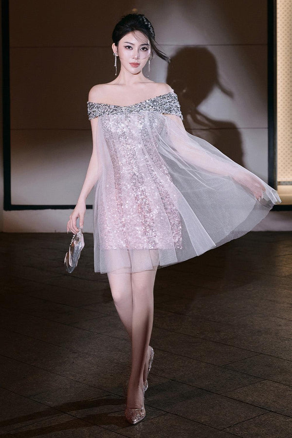 Audey Straight Gathered Mesh Sequin Mini Dress - MEAN BLVD