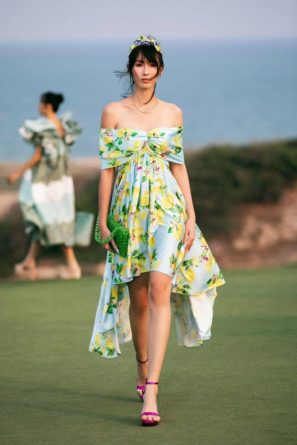 Audrey Asymmetric Off-Shoulder Latin Silk Mini Dress - MEAN BLVD