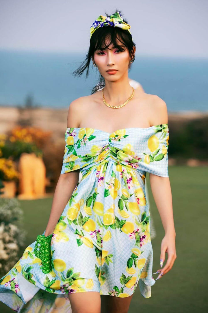 Audrey Asymmetric Off-Shoulder Latin Silk Mini Dress - MEAN BLVD