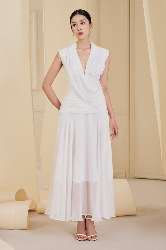 Aurelia Gathered V-Neck Tulle Ankle Length Dress - MEAN BLVD