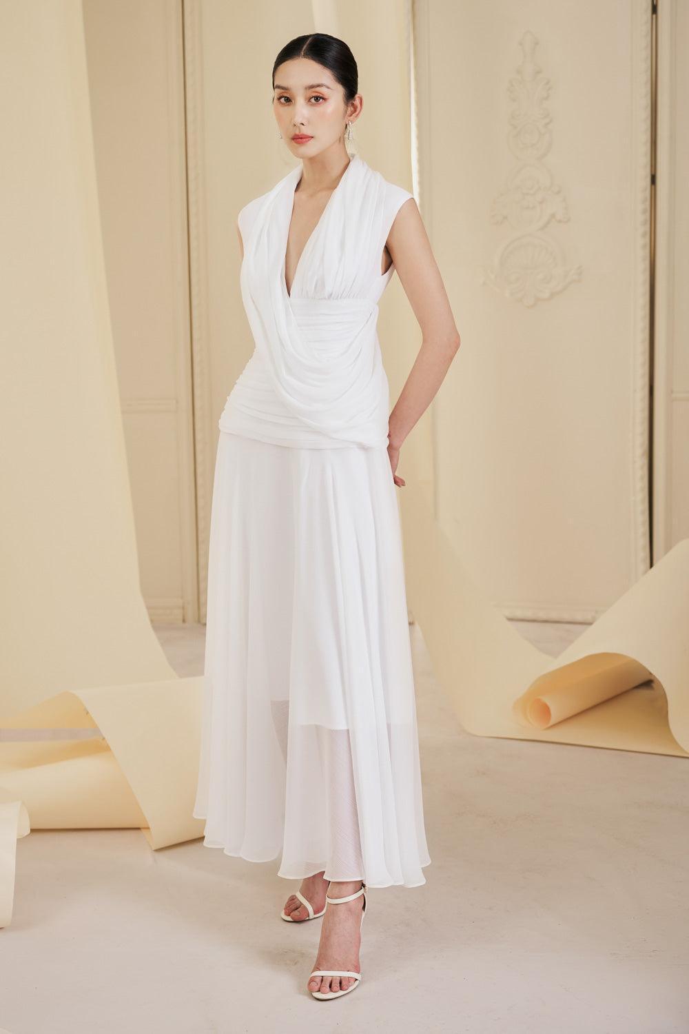 Women's Aurelia Gathered V-Neck Tulle Ankle Length Dress S/M/L White