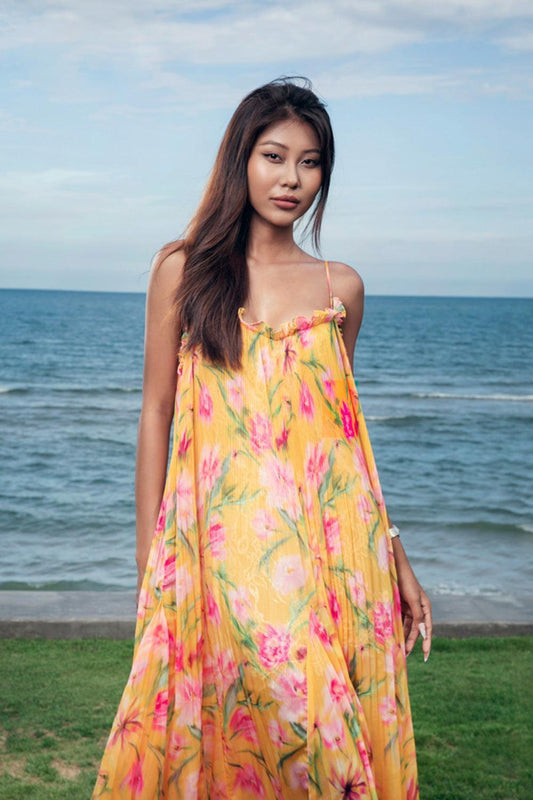 Aurore Straight V-Neck Organza Voile Floor Length Dress - MEAN BLVD