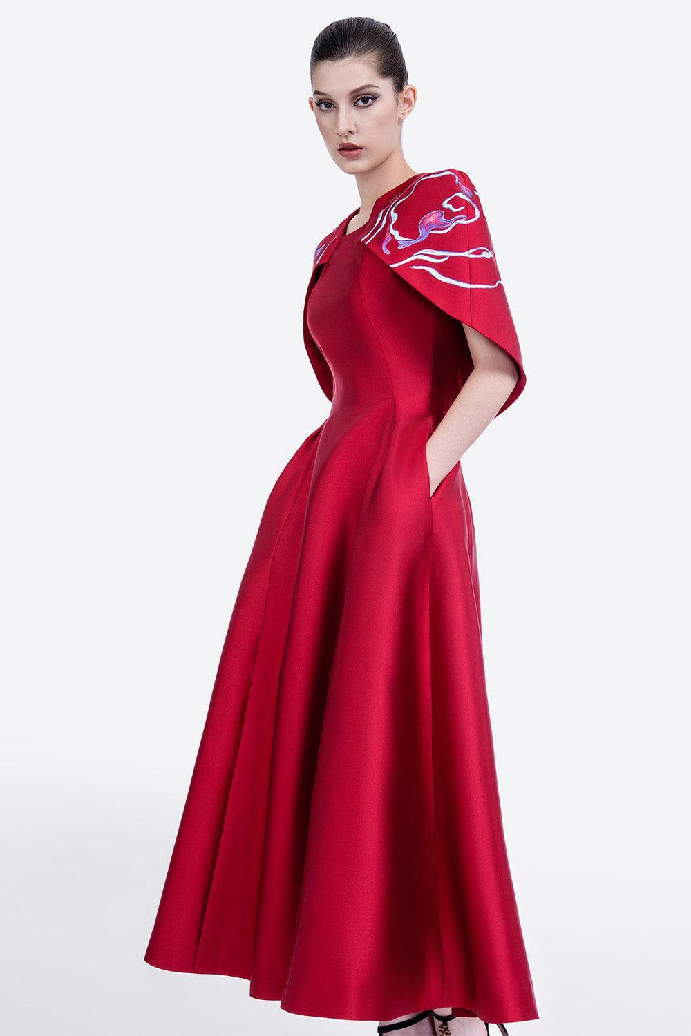 Women's Austin A-line Cape Shoulder Zibeline Midi Dress XS/S/M Carmine Red  MEAN BLVD