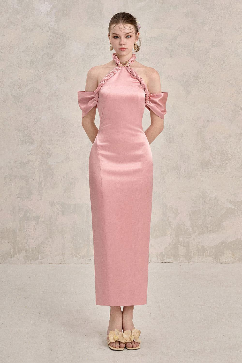 Women's Avara Sheath Cold Shoulder Sleeved Silk Ankle Length Dress XS/XS/S/M/L/XL/Customize Pink MEAN BLVD Pink / XL