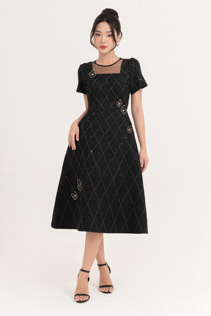 Azalea A-line Round Neck Brocade Midi Dress - MEAN BLVD