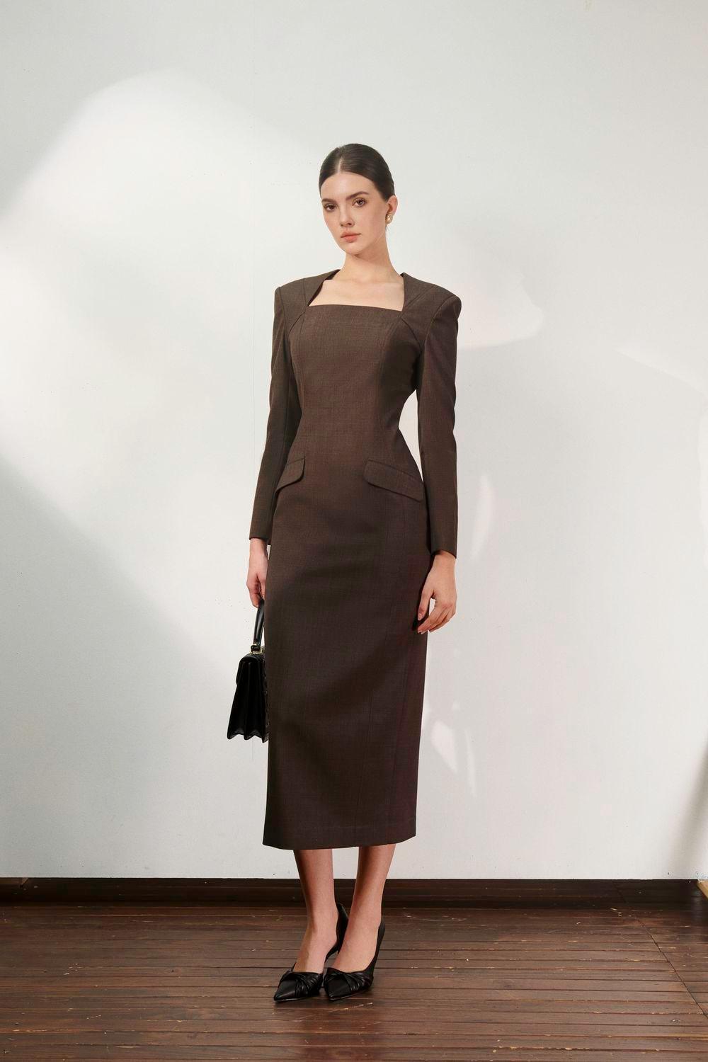 Women's Azaria Pencil Queen Anne Neck Polycotton Midi Dress S/M/L Brown  MEAN BLVD