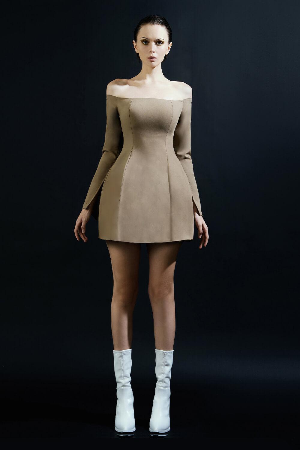 Ballet Sheath Off-Shoulder Wool Cotton Mini Dress Brown / Customize