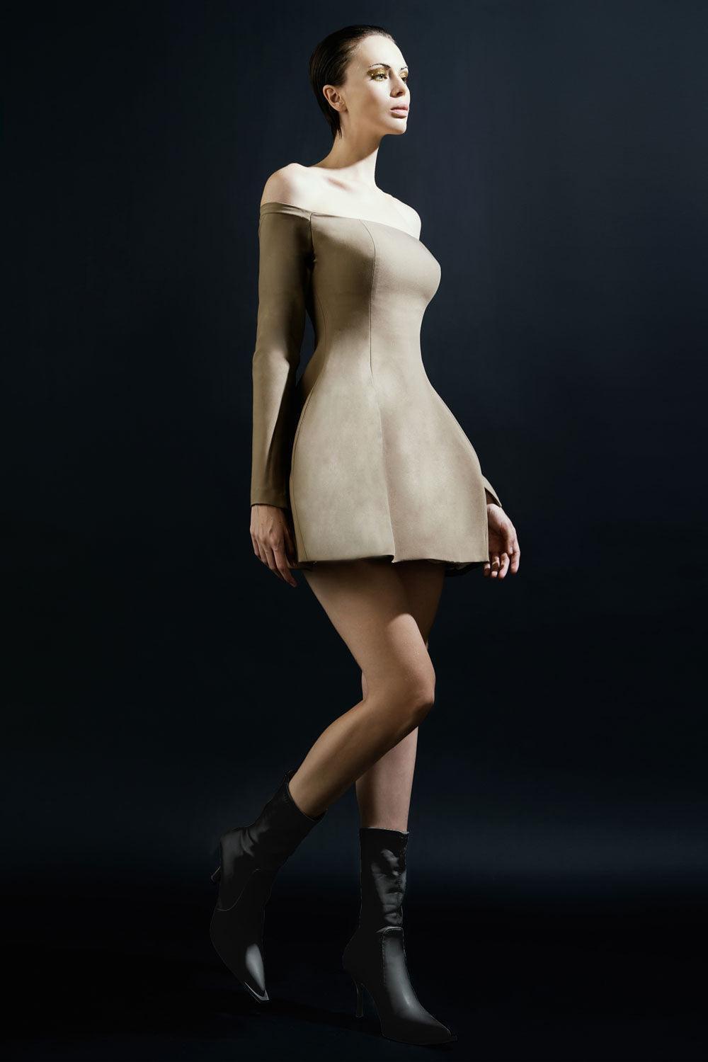 Women's Ballet Sheath Off-Shoulder Wool Cotton Mini Dress 0/1/2 Brown MEAN BLVD Women's Ballet Sheath Off-Shoulder Wool Cotton Mini Dress 0/1/2 Brown MEAN BLVD