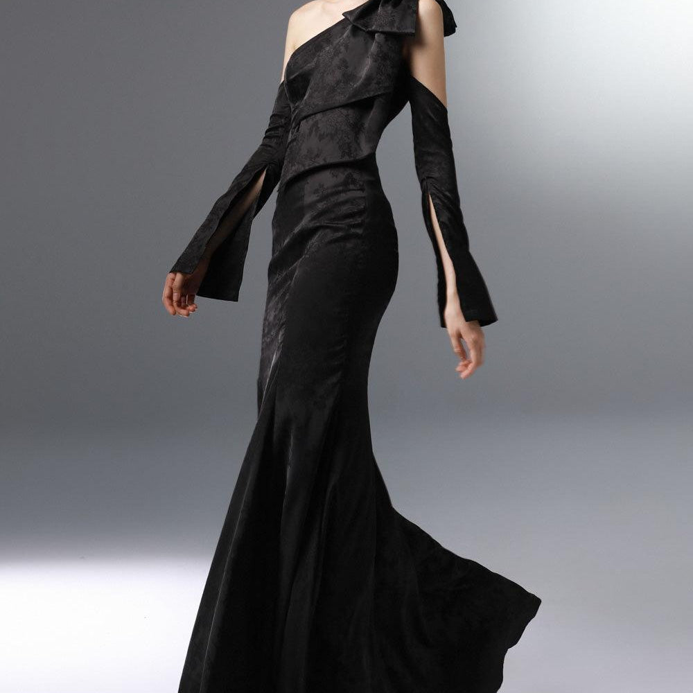 Banquet Trumpet Diagonal Neck Silk Floor Length Dress - MEAN BLVD