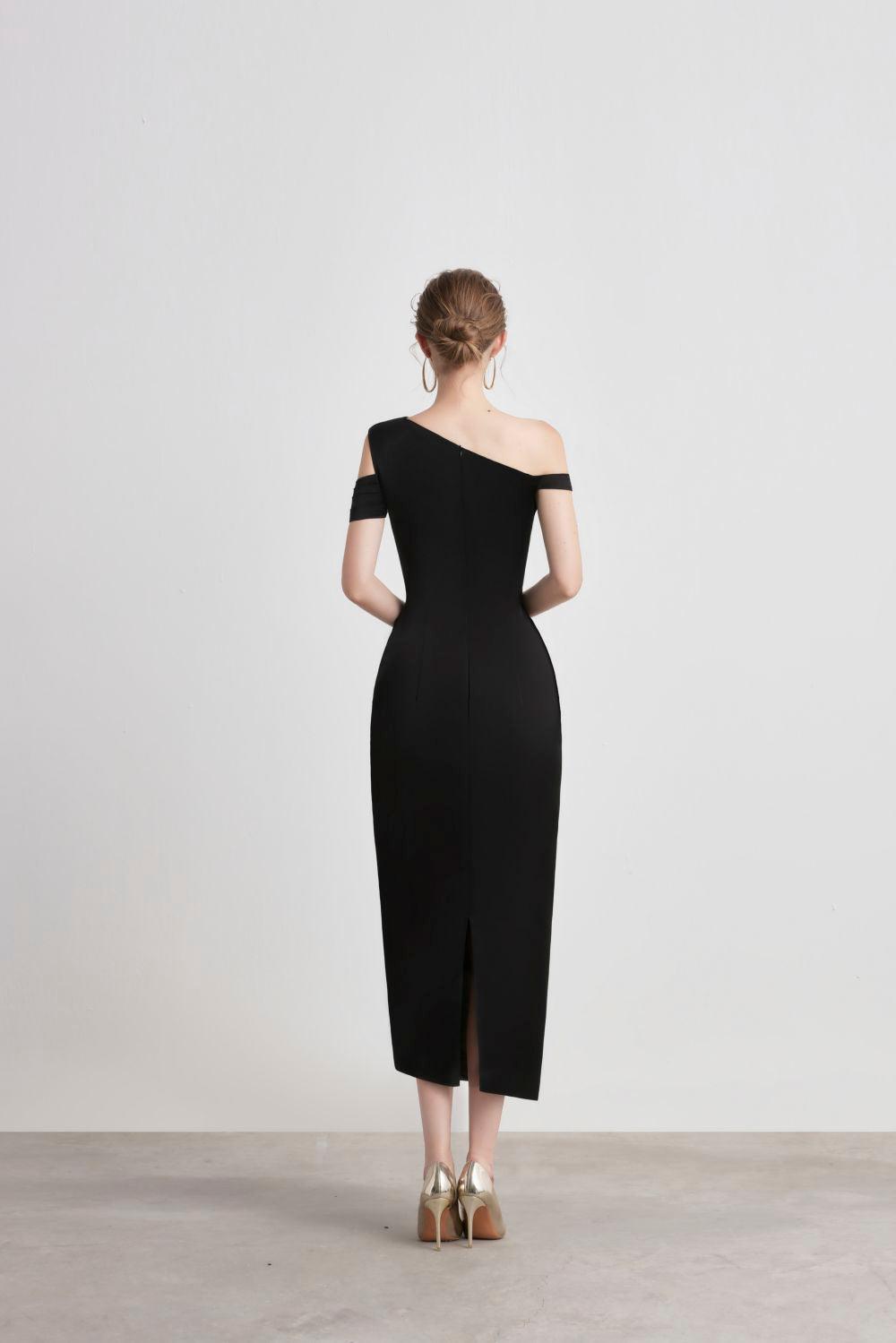 pleated shoulder pencil dress Women's Bauhinia Pencil Pleated Shoulder Silk Spandex Midi Dress XS/S/M/L/XL/Customize White/Black MEAN BLVD XS / Black