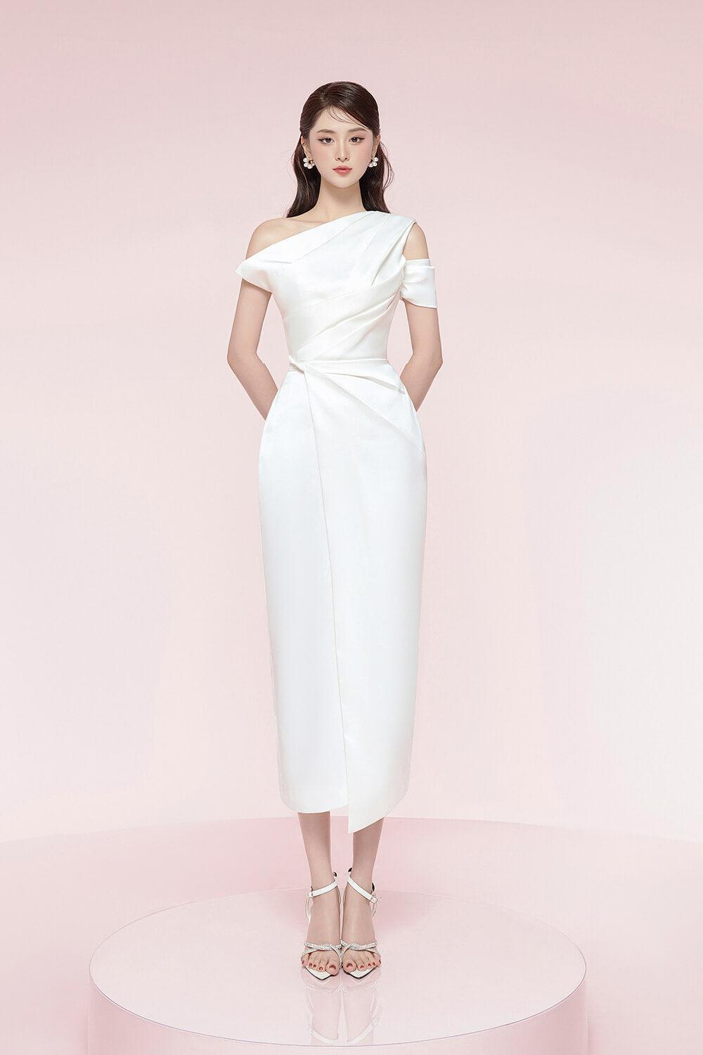 pleated shoulder pencil dress Women's Bauhinia Pencil Pleated Shoulder Silk Spandex Midi Dress XS/S/M/L/XL/Customize White/Black MEAN BLVD XS / Black