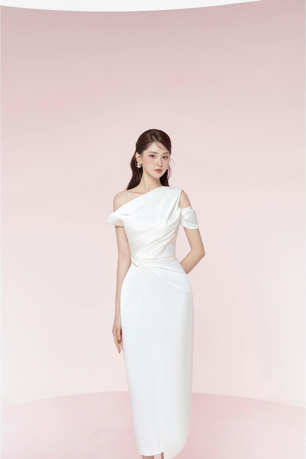 Women's Bauhinia Pencil Pleated Shoulder Silk Spandex Midi Dress XS/S/M/L/XL/Customize White/Black MEAN BLVD XS / Black Women's Bauhinia Pencil Pleated Shoulder Silk Spandex Midi Dress XS/S/M/L/XL/Customize White/Black MEAN BLVD XS / Black