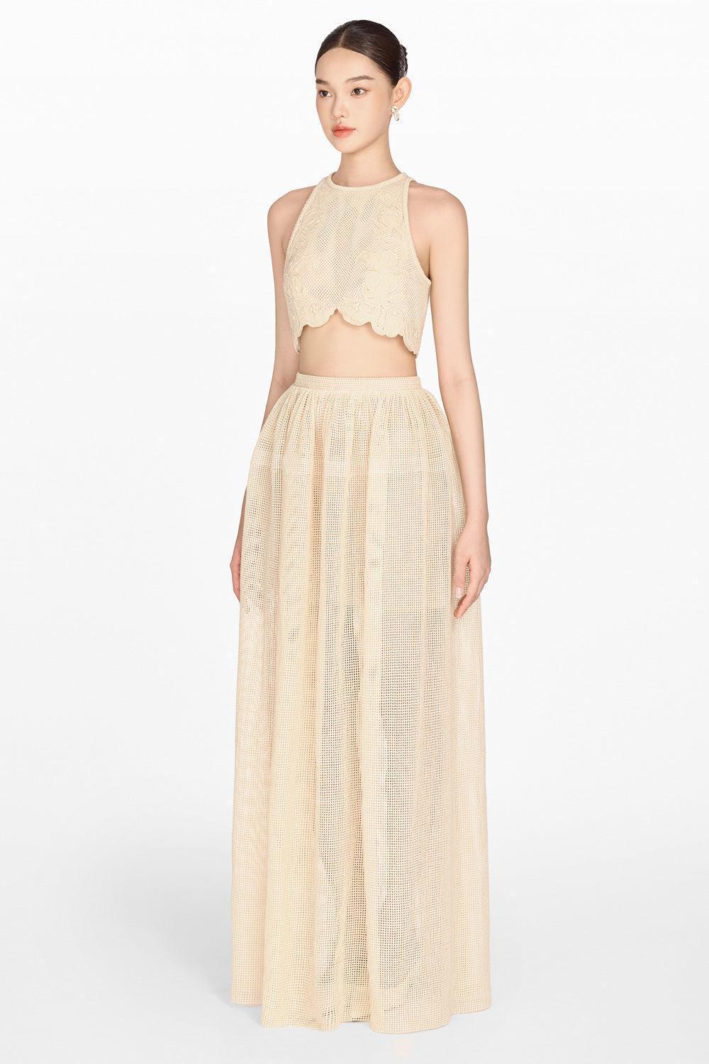 Women's Self Design Beige Straight Midi Skirt