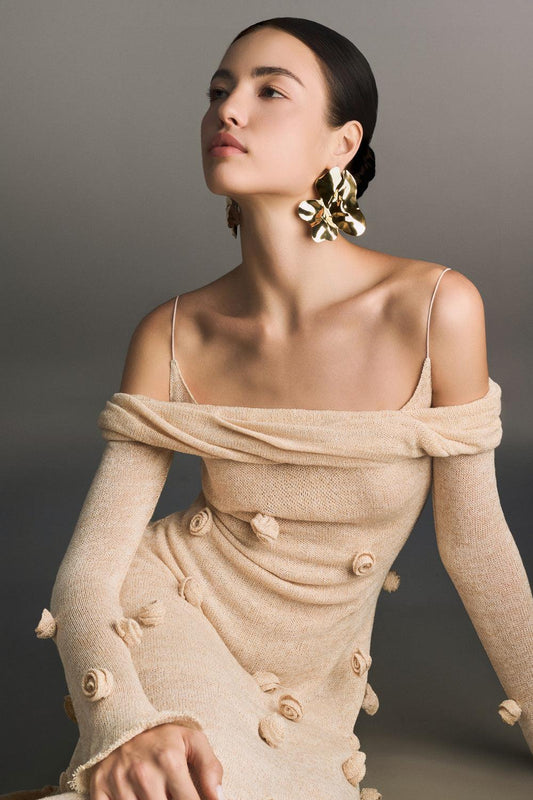 Beige Off-shoulder Floral Dress - MEAN BLVD