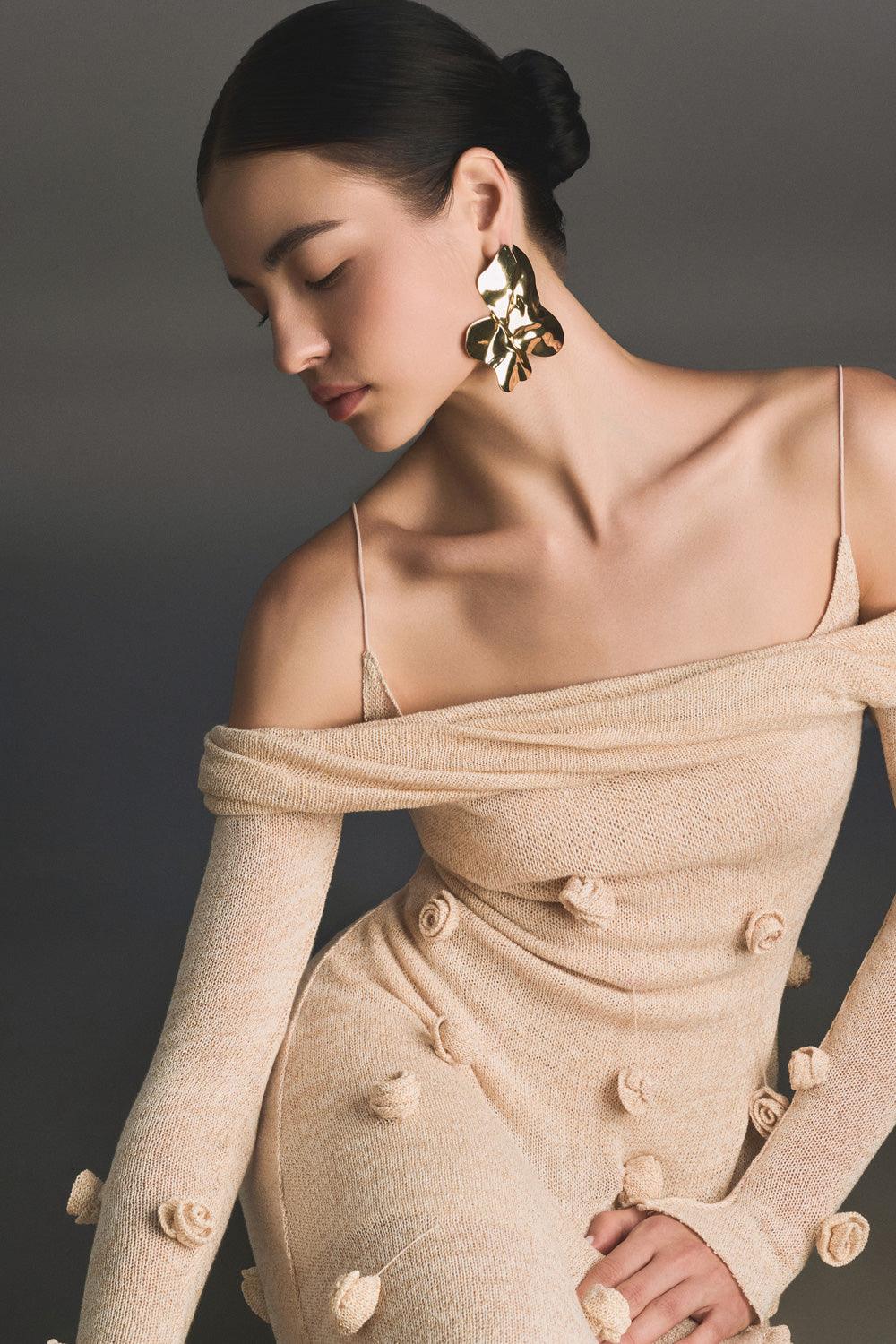 Beige Off-shoulder Floral Dress - MEAN BLVD