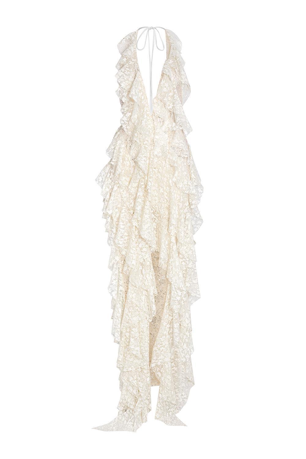 Berry Asymmetric Halter Neck Lace Maxi Dress - MEAN BLVD