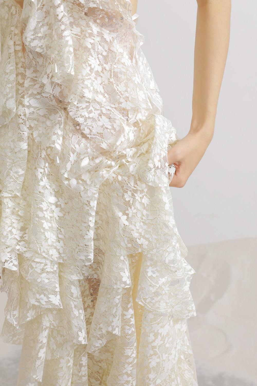 Berry Asymmetric Halter Neck Lace Maxi Dress - MEAN BLVD