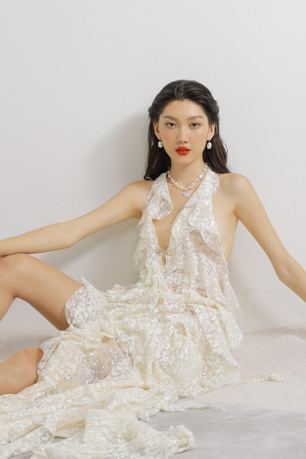 Berry Asymmetric Halter Neck Lace Maxi Dress - MEAN BLVD