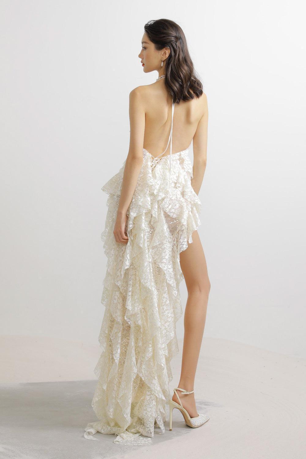 Berry Asymmetric Halter Neck Lace Maxi Dress - MEAN BLVD