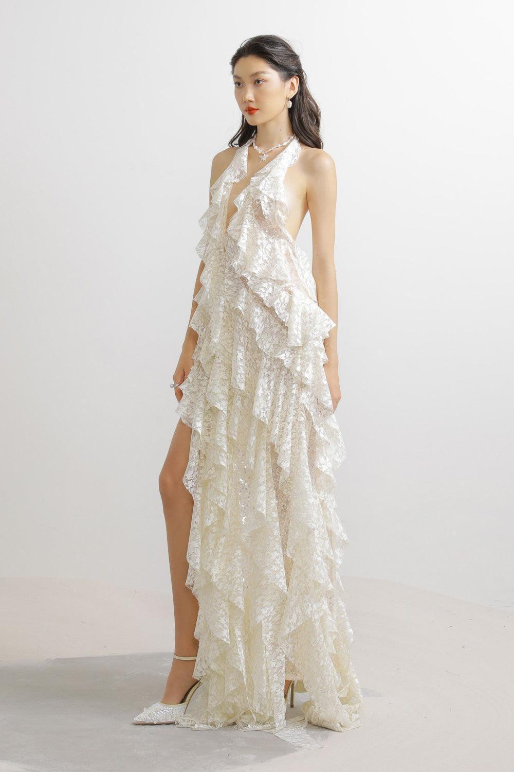 Berry Asymmetric Halter Neck Lace Maxi Dress - MEAN BLVD