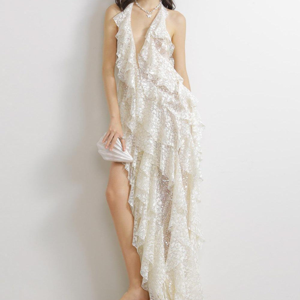 Berry Asymmetric Halter Neck Lace Maxi Dress - MEAN BLVD