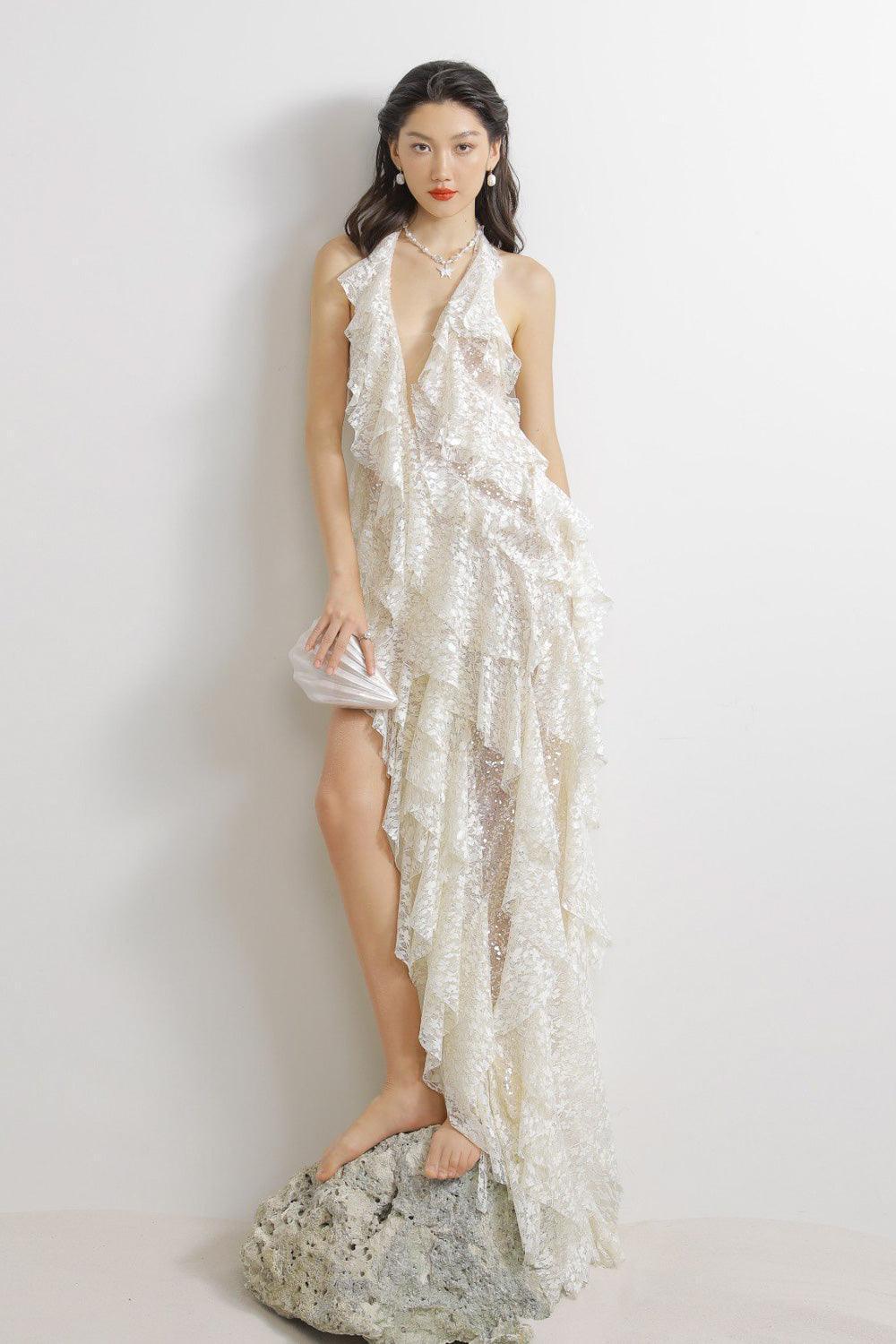 Berry Asymmetric Halter Neck Lace Maxi Dress - MEAN BLVD