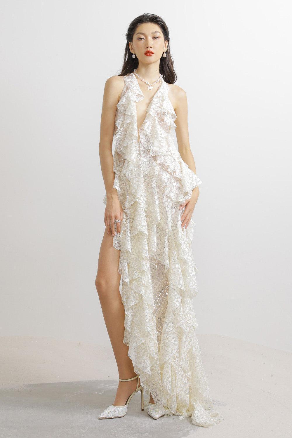 Berry Asymmetric Halter Neck Lace Maxi Dress - MEAN BLVD